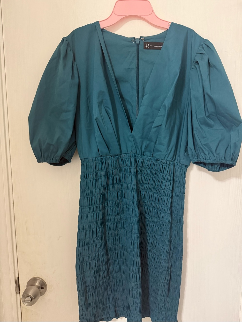 New York & Company Teal Puff Sleeve Shirred Midi Dress